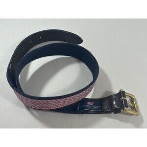 Vineyard Vines Men Leather Canvas Pink Belt Whale Print Brass Buckle 32
